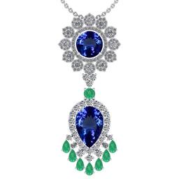Certified 15.49 Ctw VS/SI1 Tanzanite,Emerald And Diamond 14K White Gold Vintage Style Necklace