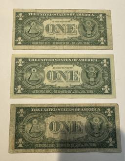 THREE $1 USA DOLLAR BILLS - BLUE SEAL SERIES 1957 - 1935B