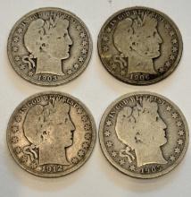 Lot of four 1903 - 1912 Barber Half Dollar Coins