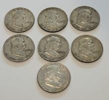 Lot of seven Franklin Half Dollar Liberty Bell Coins 1950 - 1963