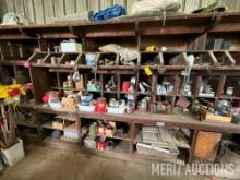Contents of brown shelves, hardware, bolts, pipe fittings etc.