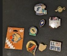 x9 Vintage pins; cleveland browns/ohio/ US open 96/marlin champions 97/usa olympics/germantown,etc