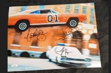 Catherine Bach,John Schneider, Tom Wopat trio signed 11x14 autographed photo with JSA COA/witnessed