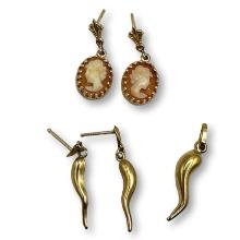 14K Gold Horn Earrings and Pendant with Cameo Earrings