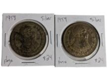 Lot of 2 Pesos - 1958 & 1959 - 10% Silver