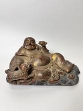 Large Red and Gold Happy Wood Buddha W/Dog