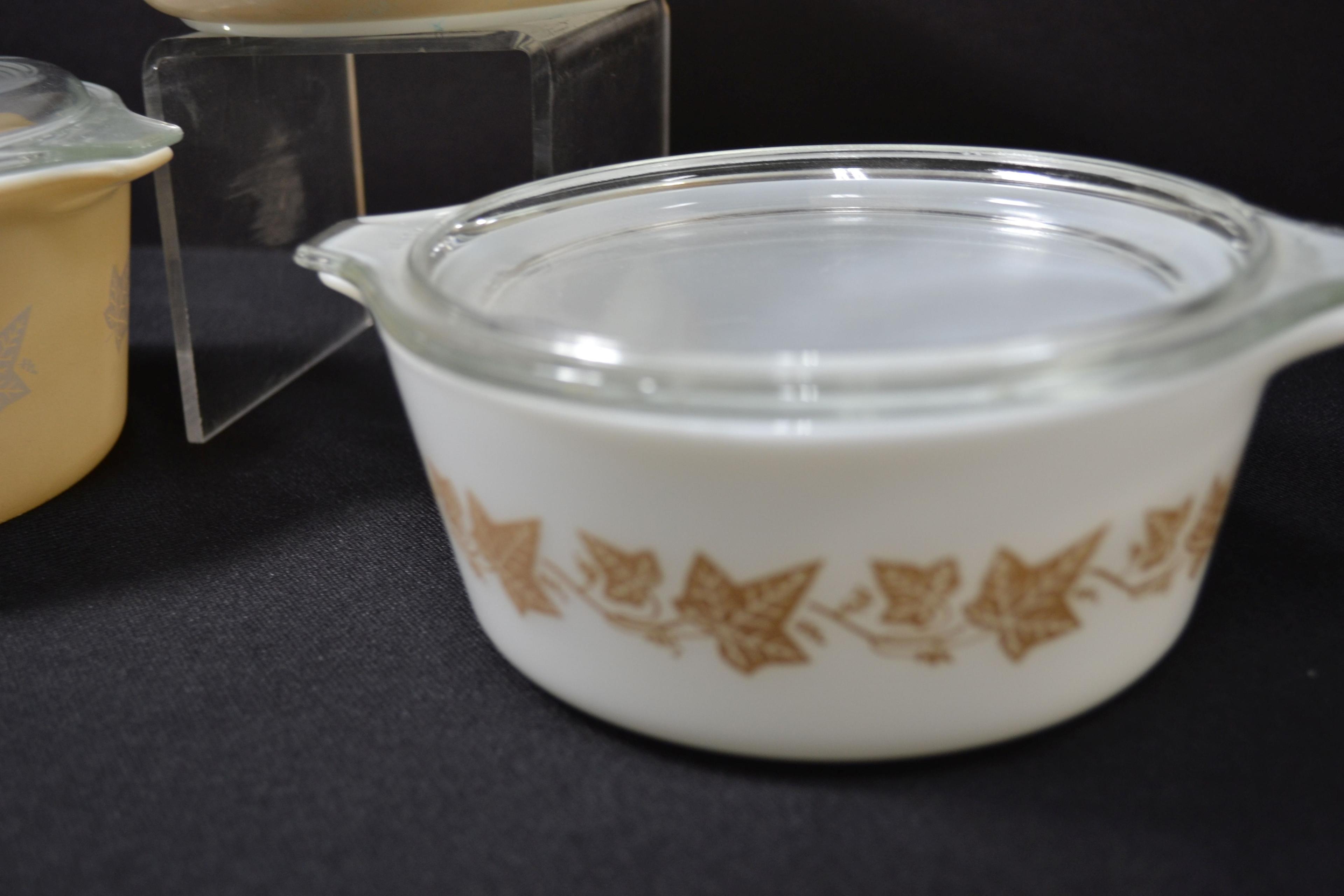 Pyrex 1961-62 Sandalwood 470 Casserole Set w/Lids; Nos. 471, 472, and 473; Chip on one lid.