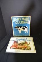 Pair of Contemporary Signs including Metal Dairy Made Ice Cream and Wooden Wards Candy; 14"x12"