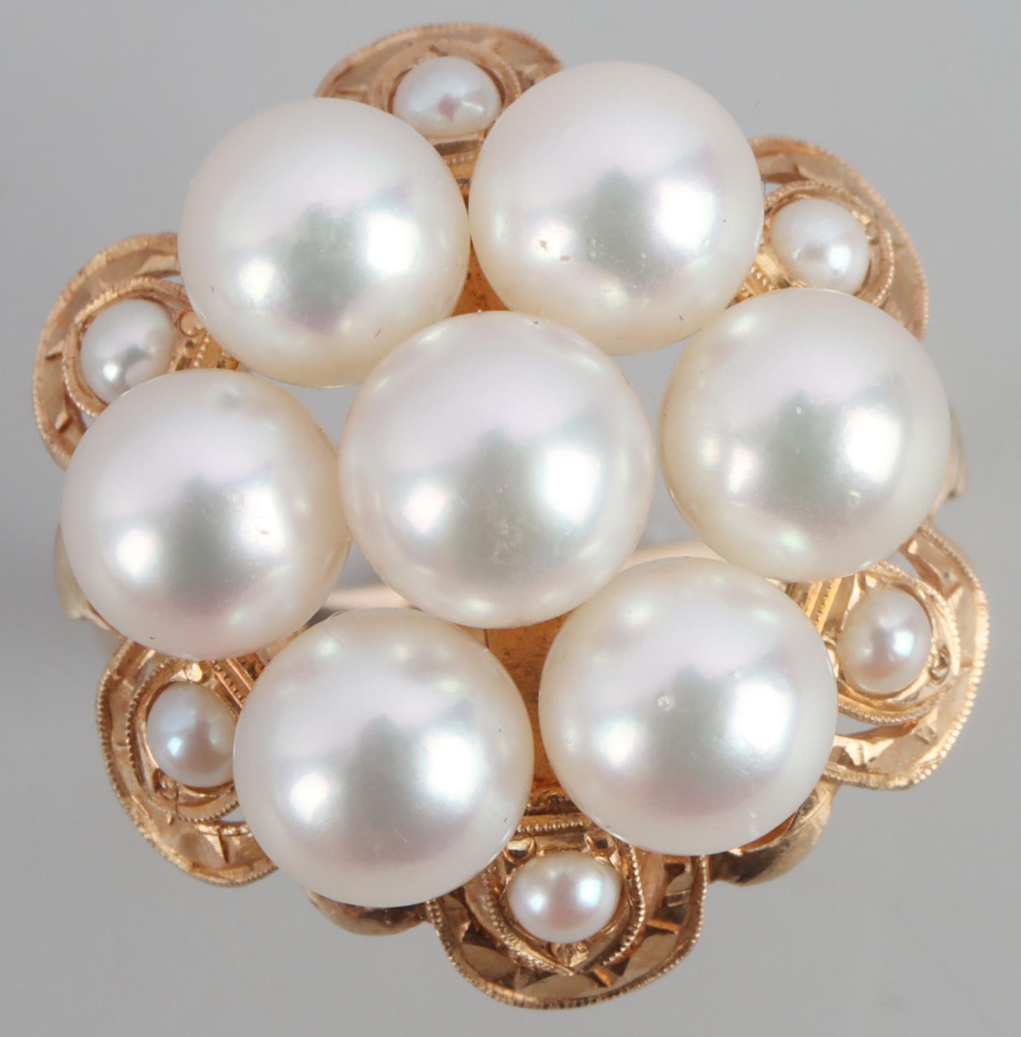 14K YELLOW GOLD PEARL ANTIQUE CLUSTER RING
