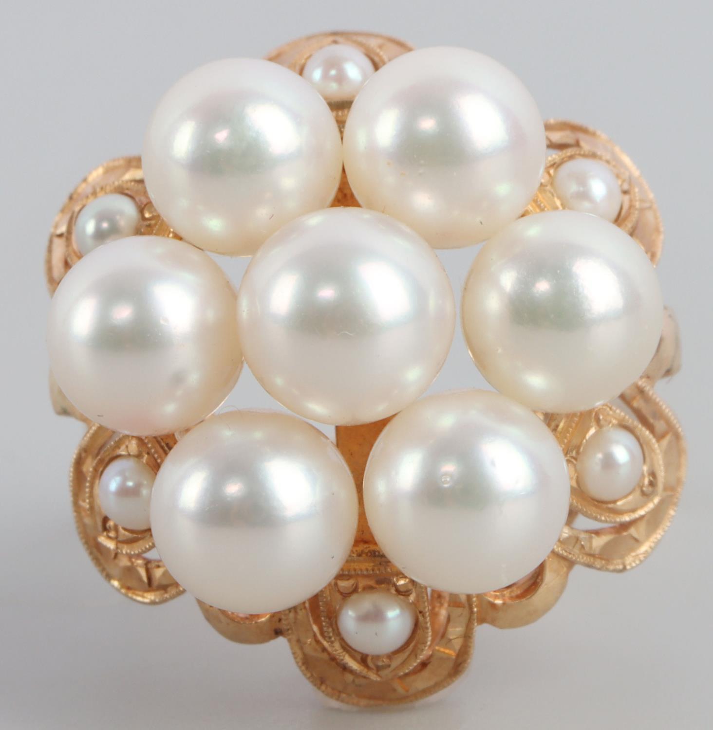 14K YELLOW GOLD PEARL ANTIQUE CLUSTER RING