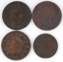 LOT OF 4 US ENGLISH CENT COINS 1699 1798 1806 1828