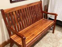 Patio bench; African mahogany; solid mortise and tenon construction.