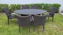 BRAND NEW OUTDOOR Oval Synthetic Wicker 74" x 43" Table With Glasstop and 6 Stacking Armchairs