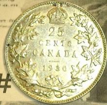 1930 George V Canada Silver Quarter, EF.