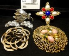 Costume Jewelry, (4) Large Broaches and a Pair of Leaves Broaches.