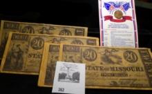 1776 1976 Bicentennial Penny with information card; & (18) $20 State of Missouri 1862 facsimile Bank