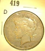 1934 D U.S. Peace Silver Dollar, Fine.