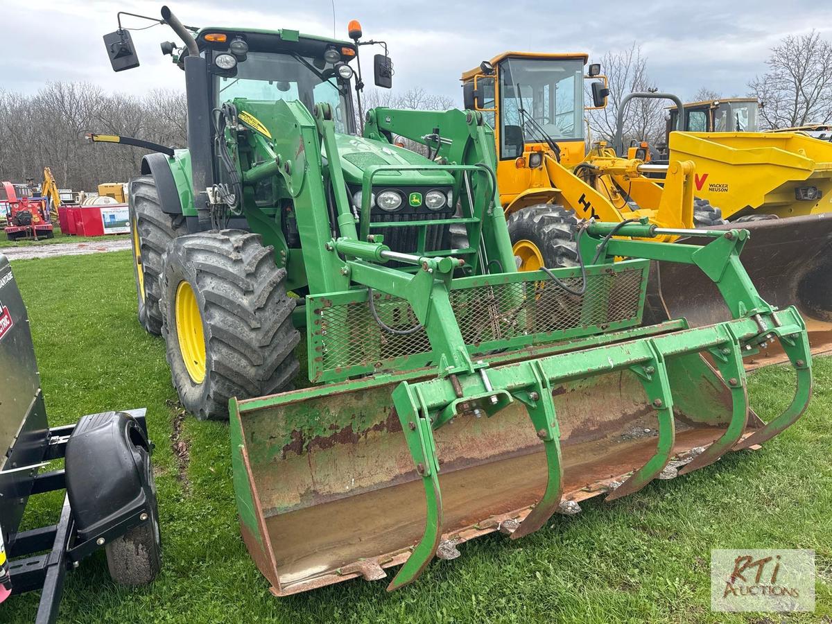 John Deere 7830 MFWD tractor with cab, loader with grapple, 710/70 R38 rear tires, 3 remotes,