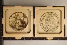 2 WOODEN SLIDE LID COIN THEMED BOXES EACH IS
