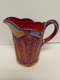 CARNIVAL GLASS PITCHER & LIDDED CANISTER