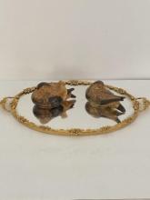 GOLDEN EDGED MIRRORED VANITY TRAY & PAIR OF BIRDS