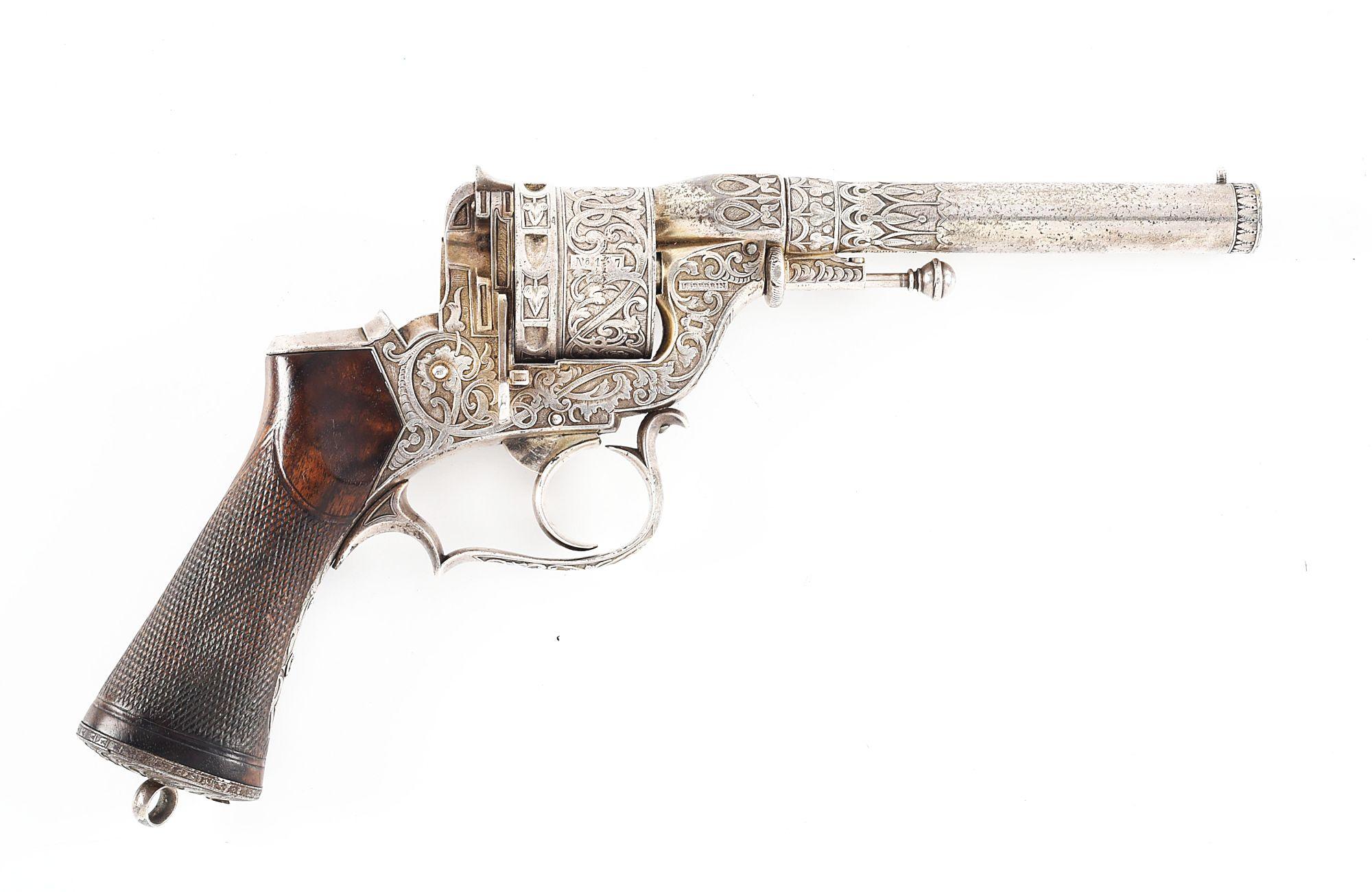 (A) ATTRACTIVE CASED AND ENGRAVED L. PERRIN MODEL 1859 DOUBLE ACTION REVOLVER.