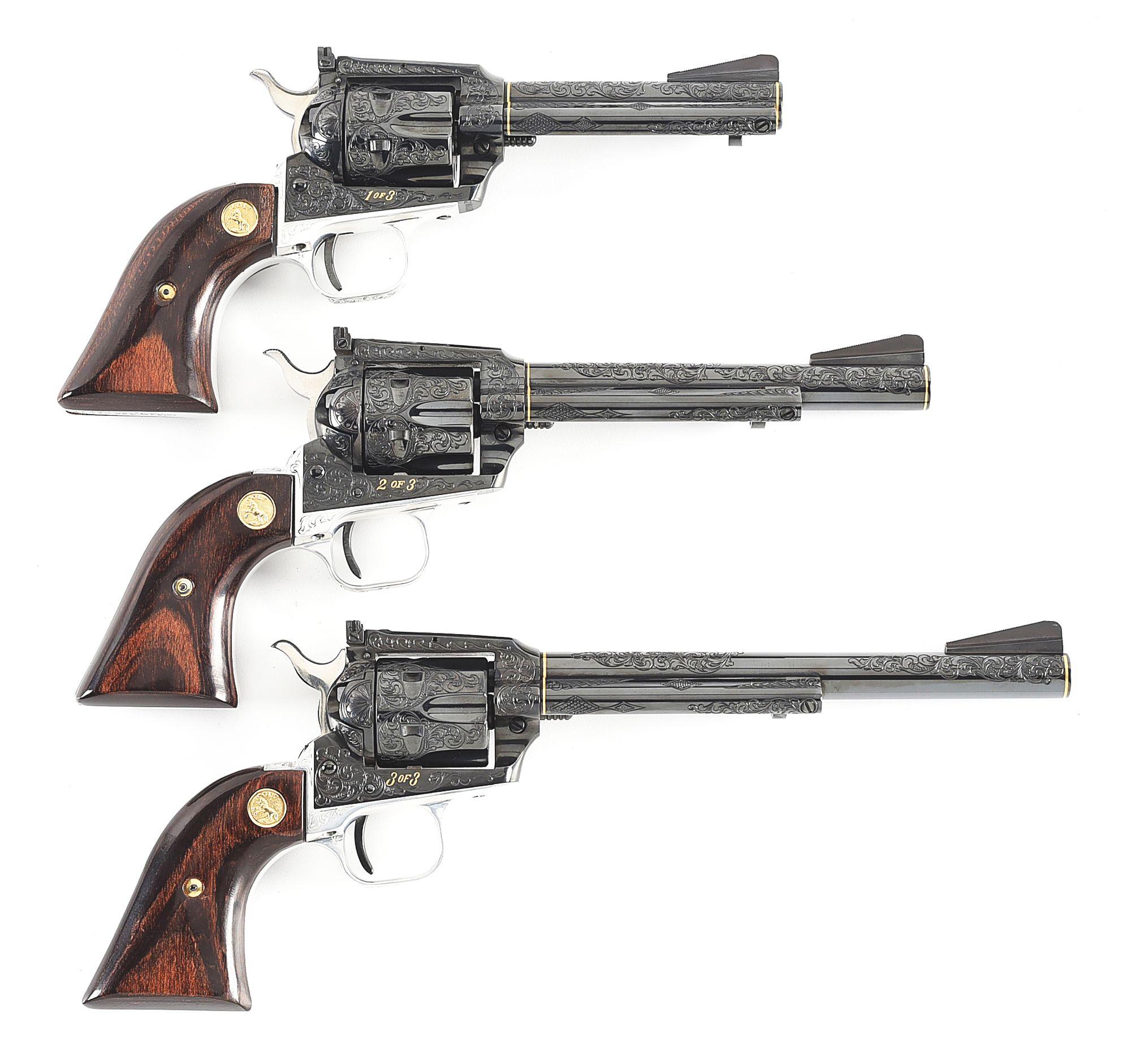 (M) SET OF 3 COLT FRONTIER SCOUT FACTORY ENGRAVED SINGLE ACTION REVOLVERS.