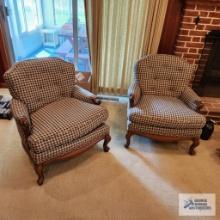 Two blue checked chairs with cherry frames