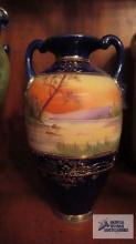 Nippon hand painted double handled vase with lake scene
