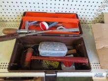 Plastic toolbox with assorted hand tools and hardware