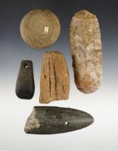 Group of assorted Ohio artifacts including a colorful 4 3/8" Flint Celt, Sandstone Awl Sharpener…