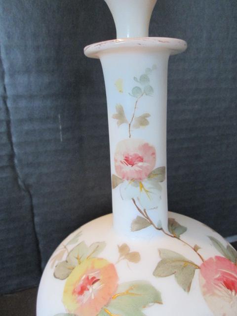 White Hand Blown Stoppered Barber Bottle with Handpainted Flowers