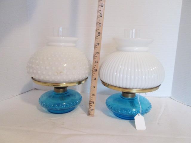 Two Blue Oil Glass Font Oil Lamps with White Milk Glass Shades