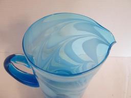 Tall Blue and White Swirl Art Glass Pitcher