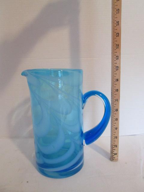 Tall Blue and White Swirl Art Glass Pitcher