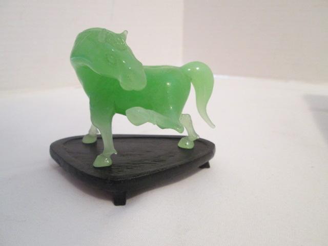 Jadeite Art Glass Horse Sculptures with Wood Bases