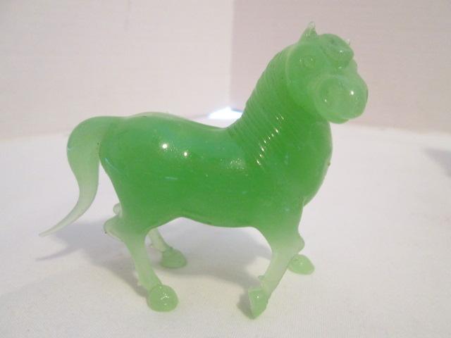 Jadeite Art Glass Horse Sculptures with Wood Bases