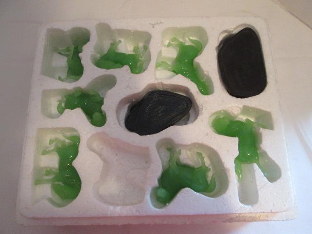 Jadeite Art Glass Horse Sculptures with Wood Bases