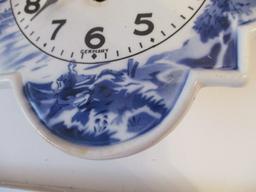 Two Clover Shaped Blue and White German 8 Day Kitchen Clocks