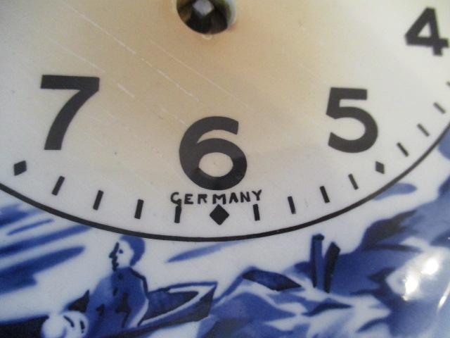 Two Clover Shaped Blue and White German 8 Day Kitchen Clocks