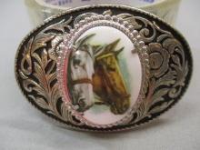 Vintage Silver Tone & Black w/Horse Heads Belt Buckle