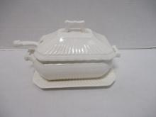 Vintage White Ribbed Pottery Gravy Tureen with Ladle and Underplate