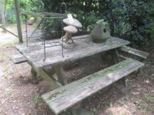 6' Picnic Table and Terra Cotta Chicken and Concrete Mushroom