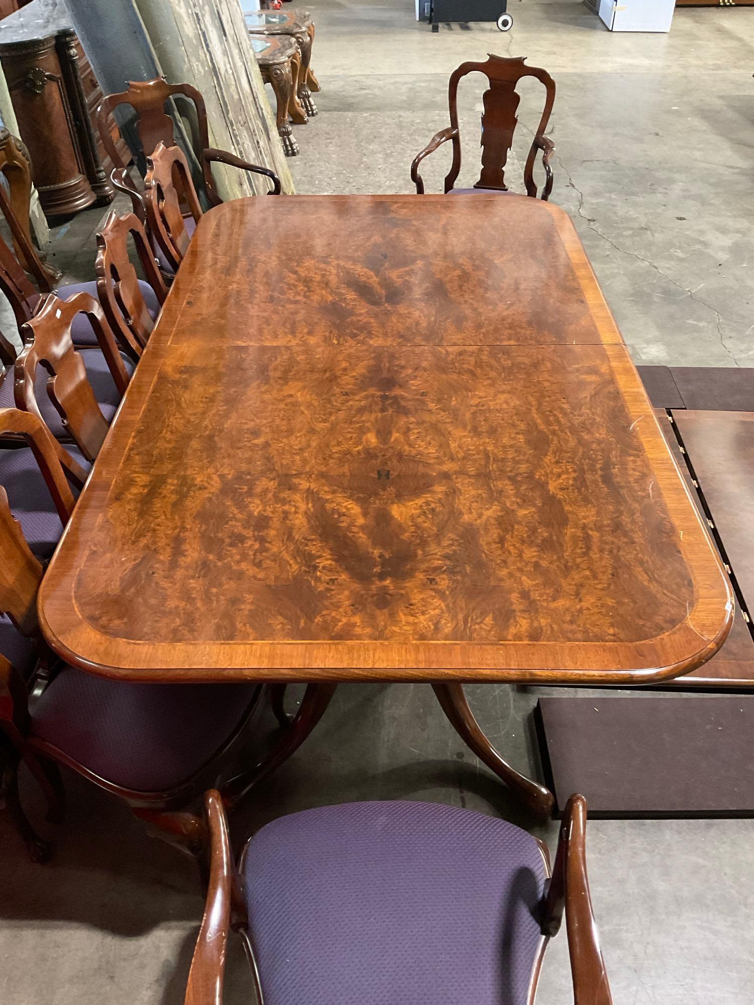 Vintage Burled Wood Expanding Dining Table w/ 2 Leaves, Covers & 13 Scroll-back Chairs. See pics.