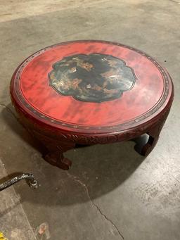 Antique Round Red & Black Lacquered Chinese Table w/ Shell Inlay & Ornately Carved Details. See