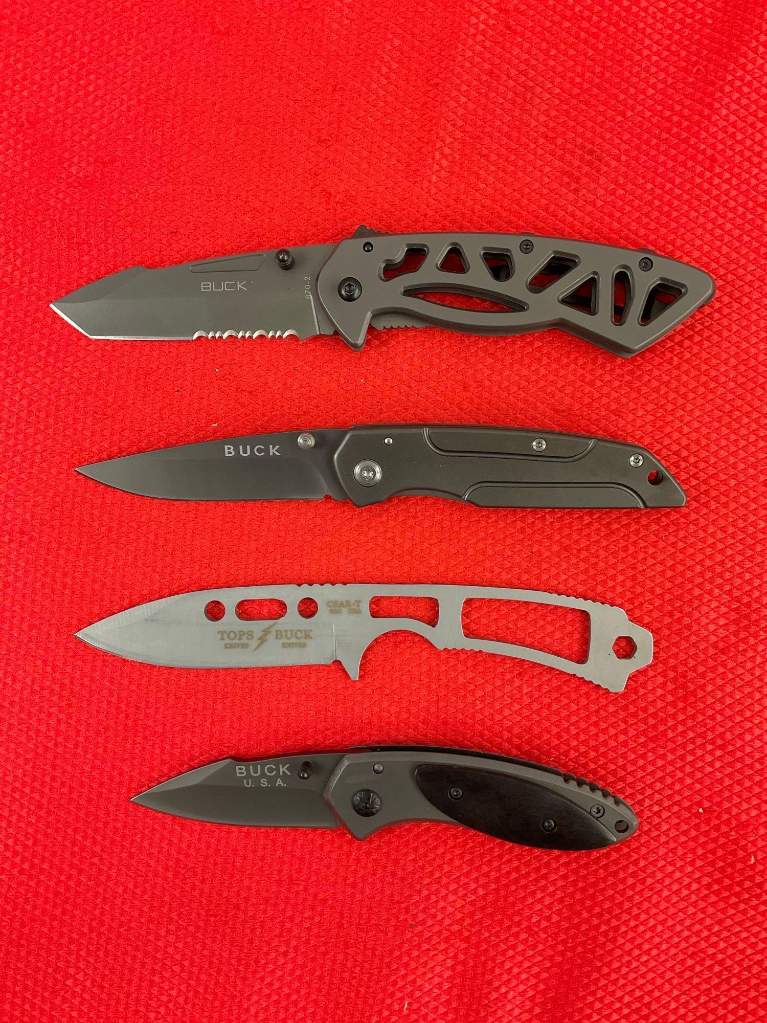 4 pcs Modern Buck Knife Assortment. 1x 870-2, 1x Csar-T 680, 1x DA14, 1x Unnumbered. NIB. See pics.