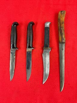 4 pcs Vintage Steel Fixed Blade Knives. Unknown Makers & Models. No Hallmarks. See pics.