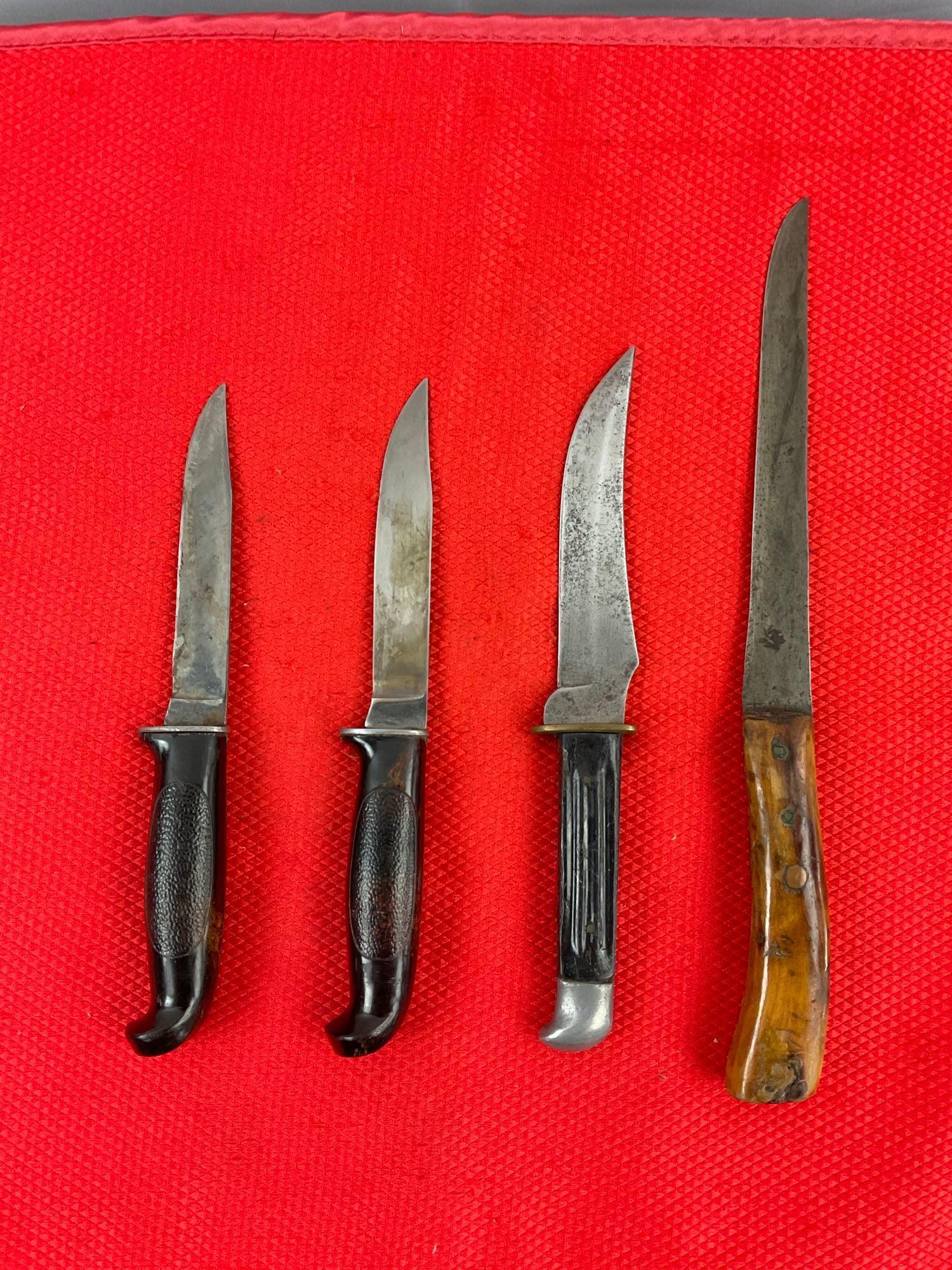 4 pcs Vintage Steel Fixed Blade Knives. Unknown Makers & Models. No Hallmarks. See pics.