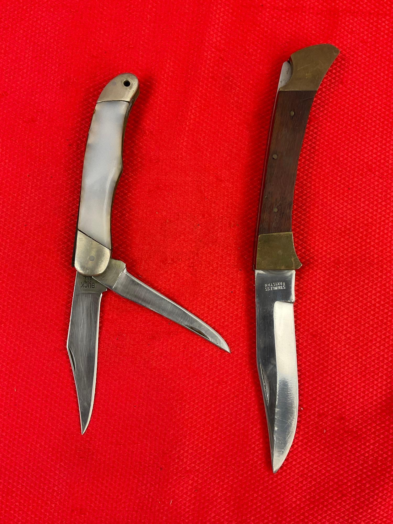 2 pcs Vintage Steel Folding Blade Knives. 1x Buck 317 & 1x Unknown Maker, No Hallmark. As Is. See