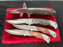 4x Rite Edge Knives, 2x w/ Grey Wood Handled Skinners, 2x Brown Wood